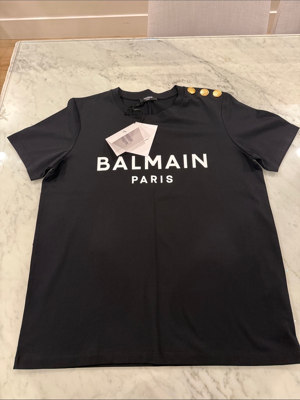 Balmain Black Logo Tee with Gold Shoulder Buttons